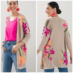 Chico's Vibrant Floral Beige Cardigan